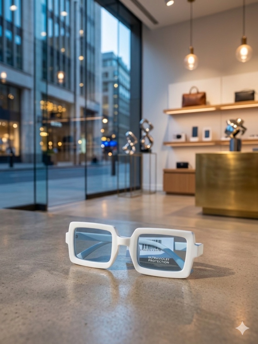 White Rectangular Sunglasses with Blue Lenses